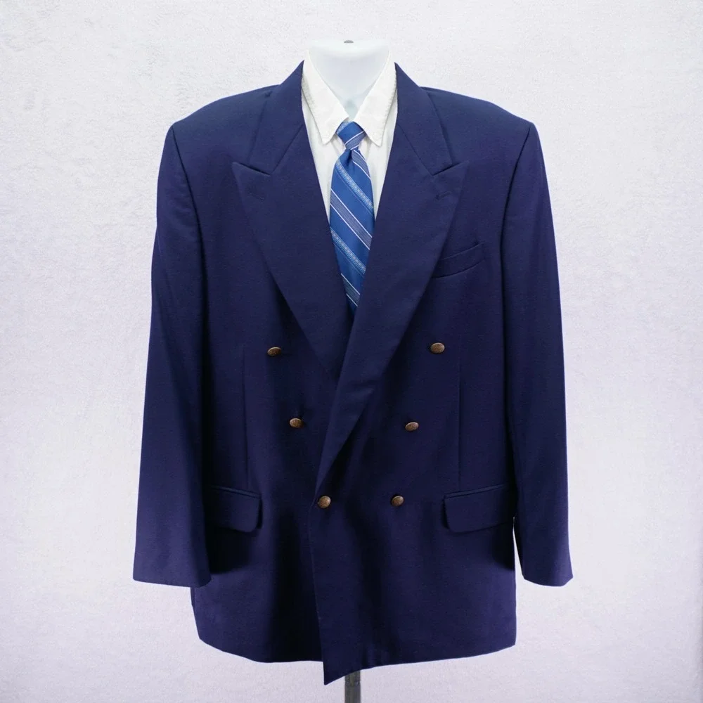 Oscar De La Renta‎ Blue Wool 6 Gold Button Peak Lapel Blazer 44L / Slim Fit 46L